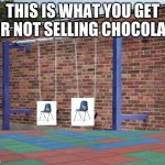 I had to do this for GT project | THIS IS WHAT YOU GET FOR NOT SELLING CHOCOLATE | image tagged in swing brick wall fail | made w/ Imgflip meme maker
