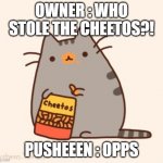 pusheen stole the cheetos | OWNER : WHO STOLE THE CHEETOS?! PUSHEEEN : OPPS | image tagged in pusheen stole the cheetos | made w/ Imgflip meme maker