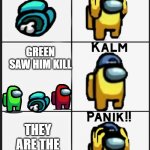Among us Panik | U ARE KILLED; GREEN SAW HIM KILL; THEY ARE THE IMPOSTERS | image tagged in among us panik | made w/ Imgflip meme maker