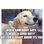 Smiling dog | WHEN SOMEBODY SAYS: "WHOS A GOOD BOY?" BUT YOU ALREADY KNOW ITS YOU | image tagged in smiling dog | made w/ Imgflip meme maker