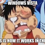 Bad Windows Vista | WINDOWS VISTA; THIS IS HOW IT WORKS IN THE OS | image tagged in luffy beaten up,microsoft,windows | made w/ Imgflip meme maker