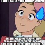 shera | THAT FACE YOU MAKE WHEN; THE TEACHER LOOKS AT YOUR TEST AND ANNOUNCES TO THE CLASS, "MAKE SURE YOU READ THE QUESTIONS CAREFULLY" | image tagged in shera | made w/ Imgflip meme maker