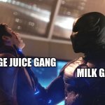 Battle Of The Gangs | MILK GANG; ORANGE JUICE GANG | image tagged in zoom,milk gang,karlson,dani | made w/ Imgflip meme maker