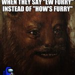 Oof | WHEN THEY SAY "EW FURRY" INSTEAD OF "HOW'S FURRY" | image tagged in 'crying inside' lion | made w/ Imgflip meme maker