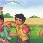 Two kids boxing while one watches
