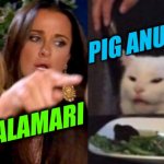 woman yelling at cat cropped | PIG ANUS RINGS; REAL CALAMARI | image tagged in woman yelling at cat cropped | made w/ Imgflip meme maker