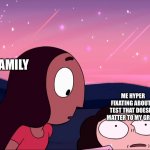 AAAAAA | MY FAMILY; ME HYPER FIXATING ABOUT A TEST THAT DOESN’T MATTER TO MY GRADE | image tagged in steven universe distressed | made w/ Imgflip meme maker