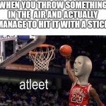 yea it be like that | WHEN YOU THROW SOMETHING IN THE  AIR AND ACTUALLY MANAGE TO HIT IT WITH A STICK | image tagged in meme man atleet | made w/ Imgflip meme maker