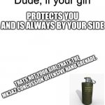 MK3A2 concussion offensive hand grenade. | PROTECTS YOU
AND IS ALWAYS BY YOUR SIDE; THATS NOT YOUR GIRL THATS THE MK3A2 CONCUSSION OFFENSIVE HAND GRENADE. | image tagged in dude if your girl,memes | made w/ Imgflip meme maker