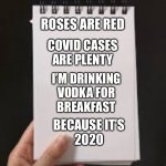 A little poem for everyone | ROSES ARE RED; COVID CASES
ARE PLENTY; I’M DRINKING
VODKA FOR
BREAKFAST; BECAUSE IT’S
2020 | image tagged in notebook haiku,roses are red,drinking,2020,rhymes,poem | made w/ Imgflip meme maker