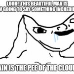 an example of charisma | LOOK ! THIS BEAUTIFUL MAN IS NOW GOING TO SAY SOMETHING INCREDIBLE ! "RAIN IS THE PEE OF THE CLOUDS" | image tagged in derp face | made w/ Imgflip meme maker