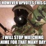 perhaps a test | FOR HOWEVER UPVOTES THIS GETS; I WILL STOP WATCHING ANIME FOR THAT MANY DAYS | image tagged in anime | made w/ Imgflip meme maker