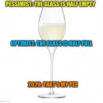 Champagne glass | PESSIMIST: THE GLASS IS HALF EMPTY; OPTIMIST: THE GLASS IS HALF FULL; 2020: THAT'S MY PEE | image tagged in champagne glass | made w/ Imgflip meme maker