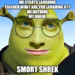 smort | ME:STARTS LAUGHING
TEACHER:WHAT ARE YOU LAUGHING AT?
ME:NOTHING
MY BRAIN:; SMORT SHREK | image tagged in smart shrek | made w/ Imgflip meme maker