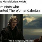 The Womandalorian | The Mandalorian: exists; Feminists who wanted The Womandalorian: | image tagged in this is outrageous it's unfair,feminism,memes | made w/ Imgflip meme maker