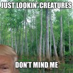 trump swamp | JUST LOOKIN’ CREATURES; DON’T MIND ME | image tagged in trump swamp | made w/ Imgflip meme maker