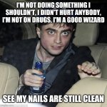 harry potter crazy | I'M NOT DOING SOMETHING I SHOULDN'T, I DIDN'T HURT ANYBODY, I'M NOT ON DRUGS, I'M A GOOD WIZARD SEE MY NAILS ARE STILL CLEAN | image tagged in harry potter crazy | made w/ Imgflip meme maker
