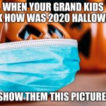 Halloween in 2020 | WHEN YOUR GRAND KIDS ASK HOW WAS 2020 HALLOWEEN; SHOW THEM THIS PICTURE! | image tagged in pumpkin mask,halloween | made w/ Imgflip meme maker