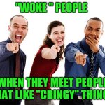 Anybody notice? | "WOKE " PEOPLE; WHEN THEY MEET PEOPLE THAT LIKE "CRINGY" THINGS | image tagged in pointing and laughing,memes,woke | made w/ Imgflip meme maker