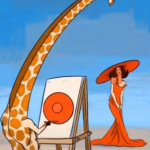 giraffe paints red hat woman