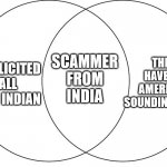 ven diagram | THEY HAVE AN AMERICAN SOUNDING NAME; UNSOLICITED CALL FROM INDIAN; SCAMMER FROM INDIA | image tagged in ven diagram,indian,telemarketer,scammers | made w/ Imgflip meme maker