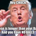 Donald Trump small brain | Hey CHUCK; Your Nose is longer than your Banana.  
And you have NO BALLS | image tagged in donald trump small brain | made w/ Imgflip meme maker