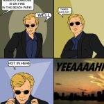 CSI Miami Yeah | HORATIO SOMEONE IS ON FIRE IN THE BEACH PARK! THINGS JUST GOT; WELL; HOT IN HERE | image tagged in csi miami yeah | made w/ Imgflip meme maker