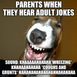 laughing dog | PARENTS WHEN THEY HEAR ADULT JOKES; SOUND: KHAAAAAHAHAHA*WHEEZING* KHAHAAHAHAHA *COUGHS AND GRUNTS* HAHAHAHAHAHAHAHHAHAHAHA | image tagged in laughing dog | made w/ Imgflip meme maker