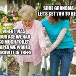 Me as a Grandmother | SURE GRANDMA LET'S GET YOU TO BED; WHEN I WAS YOUR AGE WE HAD SO MUCH TOILET PAPER WE WOULD THROW IT IN TREES | image tagged in sure grandma | made w/ Imgflip meme maker