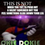 This is not okie dokie | WHEN YOU TRY TO PUSH OUT A SILENT SQUEAKER BUT YOU FEEL SOMETHING SLIDE DOWN YOUR LEG | image tagged in this is not okie dokie | made w/ Imgflip meme maker