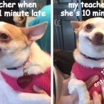 wtf teacher | my teacher when someone 1 minute late; my teacher when she's 10 minutes late; the entire class | image tagged in angry calm dog,bruh,unhelpful teacher,stupid | made w/ Imgflip meme maker