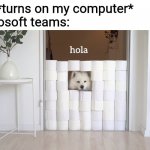 hola | Me: *turns on my computer*
Microsoft teams: | image tagged in hola,memes,funny,mayapolarbear,image tags | made w/ Imgflip meme maker