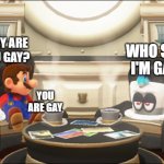 Cappy gets an interview from Mario | WHO SAID I'M GAY? WHY ARE YOU GAY? YOU ARE GAY | image tagged in mario and cappy | made w/ Imgflip meme maker