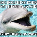 Daily Bad Dad Joke of the Day Nov 19 2020 | DO DOLPHINS EVER DO ANYTHING BY ACCIDENT? NO, EVERYTHING'S ON PORPOISE. | image tagged in dumb joke dolphin | made w/ Imgflip meme maker