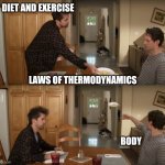 Dennis Throwing Plate | DIET AND EXERCISE; LAWS OF THERMODYNAMICS; BODY | image tagged in dennis throwing plate | made w/ Imgflip meme maker
