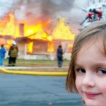 girl smiling with house burning