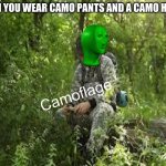 Camoflage | WHEN YOU WEAR CAMO PANTS AND A CAMO HODDIE | image tagged in camoflage | made w/ Imgflip meme maker
