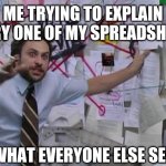 EXCEL Wizardry | ME TRYING TO EXPLAIN EVERY ONE OF MY SPREADSHEETS; WHAT EVERYONE ELSE SEE'S | image tagged in crazy conspiracy | made w/ Imgflip meme maker