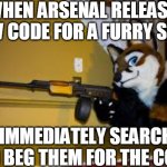 IF ANY OF ROLVE DEVS SEE THIS PLS DO THAT AND GIB THE CODE | WHEN ARSENAL RELEASE NEW CODE FOR A FURRY SKIN; I IMMEDIATELY SEARCH AND BEG THEM FOR THE CODE | image tagged in furry,furries | made w/ Imgflip meme maker