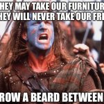 Ahhhhhh | THEY MAY TAKE OUR FURNITURE
BUT THEY WILL NEVER TAKE OUR FREEDOM; TO GROW A BEARD BETWEEN UTAS | image tagged in william wallace yelling | made w/ Imgflip meme maker