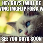bye | HEY GUYS I WILL BE LEAVING IMGFLIP FOR A WEEK SEE YOU GUYS SOON | image tagged in memes,first world problems cat | made w/ Imgflip meme maker