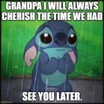 Stitch in the rain | GRANDPA I WILL ALWAYS CHERISH THE TIME WE HAD; SEE YOU LATER. | image tagged in stitch in the rain | made w/ Imgflip meme maker