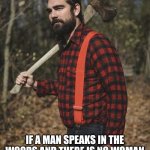 Lumberjack | IF A MAN SPEAKS IN THE WOODS AND THERE IS NO WOMAN TO HEAR HIM, IS HE STILL WRONG? | image tagged in lumberjack | made w/ Imgflip meme maker