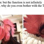 mathematician to physicist | mathematician: but the function is not infinitely differentiable, why do you even bother with the Taylor series; physicist: | image tagged in crowing rooster | made w/ Imgflip meme maker