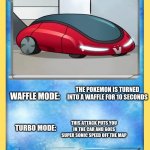 Dr. bubblebutt big city greens | DR. BUBBLEBUTT (FROM BIG CITY GREENS); WAFFLE MODE:; THE POKEMON IS TURNED INTO A WAFFLE FOR 10 SECONDS; THIS ATTACK PUTS YOU IN THE CAR AND GOES SUPER SONIC SPEED OFF THE MAP; TURBO MODE: | image tagged in pokemon card | made w/ Imgflip meme maker