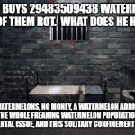 math | JOHNNY BUYS 29483509438 WATERMELONS,
BUT HALF OF THEM ROT.  WHAT DOES HE HAVE NOW? 14,741,754,719 WATERMELONS, NO MONEY, A WATERMELON ADDICTION PROBLEM,
THE WHOLE FREAKING WATERMELON POPULATION
A MENTAL ISSUE, AND THIS SOLITARY CONFINEMENT CELL | image tagged in solitary confinement,math,watermelon | made w/ Imgflip meme maker