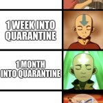 AUGH Quarantine | 1 DAY INTO QUARANTINE; 1 WEEK INTO QUARANTINE; 1 MONTH INTO QUARANTINE; 1 YEAR INTO QUARANTINE | image tagged in expanding aang,covid-19 | made w/ Imgflip meme maker