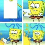 sponge bob throwing paper in the fire meme