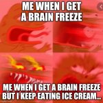 ice cream vs me | ME WHEN I GET A BRAIN FREEZE; ME WHEN I GET A BRAIN FREEZE BUT I KEEP EATING ICE CREAM... | image tagged in memes | made w/ Imgflip meme maker