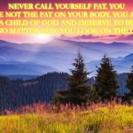 Love yourself for you | NEVER CALL YOURSELF FAT. YOU ARE NOT THE FAT ON YOUR BODY. YOU ARE A CHILD OF GOD AND DESERVE TO BE LOVED NO MATTER HOW YOU LOOK ON THE OUTSIDE. | image tagged in sunrise,inspirational quote | made w/ Imgflip meme maker